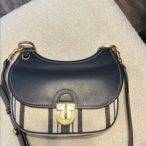 Tory Burch Blue Leather & Beige Striped Canvas Crossbody with Gold Hardware